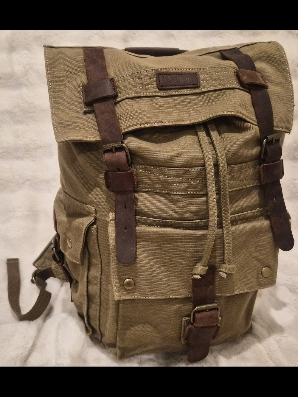 Kattee Vintage Canvas Leather Rucksack Backpack Military Travel Hiking Khaki
